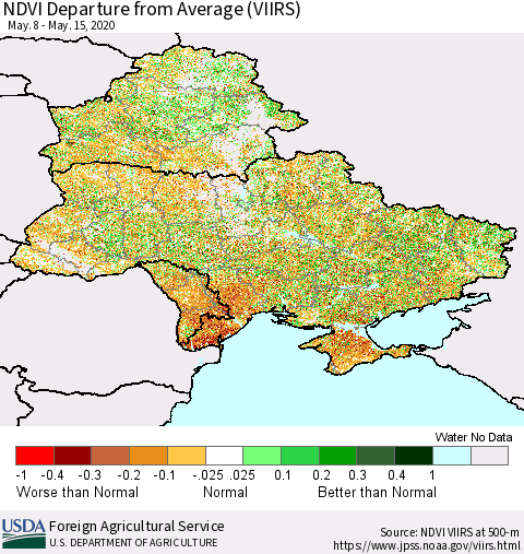 Ukraine, Moldova and Belarus NDVI Departure from Average (VIIRS) Thematic Map For 5/11/2020 - 5/20/2020