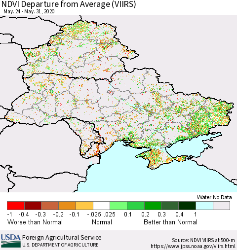Ukraine, Moldova and Belarus NDVI Departure from Average (VIIRS) Thematic Map For 5/21/2020 - 5/31/2020