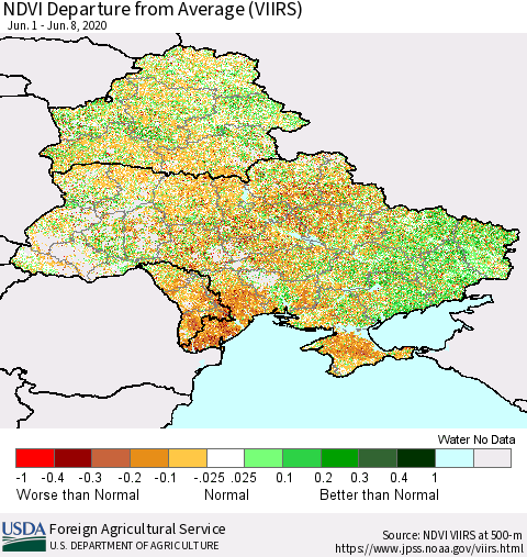Ukraine, Moldova and Belarus NDVI Departure from Average (VIIRS) Thematic Map For 6/1/2020 - 6/10/2020
