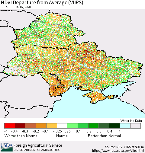 Ukraine, Moldova and Belarus NDVI Departure from Average (VIIRS) Thematic Map For 6/11/2020 - 6/20/2020