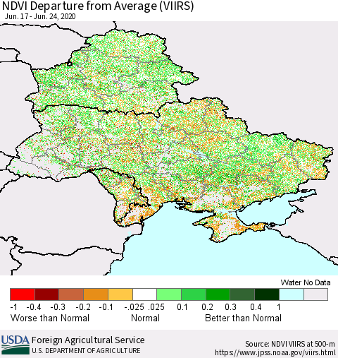Ukraine, Moldova and Belarus NDVI Departure from Average (VIIRS) Thematic Map For 6/21/2020 - 6/30/2020