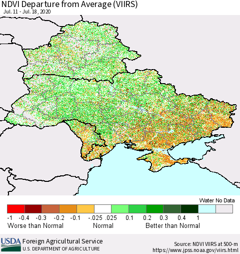 Ukraine, Moldova and Belarus NDVI Departure from Average (VIIRS) Thematic Map For 7/11/2020 - 7/20/2020