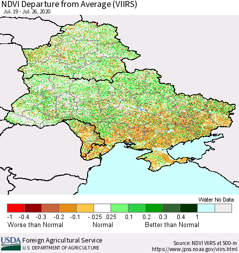 Ukraine, Moldova and Belarus NDVI Departure from Average (VIIRS) Thematic Map For 7/21/2020 - 7/31/2020
