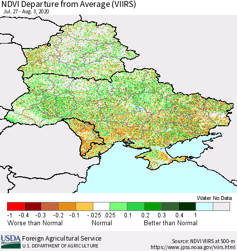 Ukraine, Moldova and Belarus NDVI Departure from Average (VIIRS) Thematic Map For 8/1/2020 - 8/10/2020