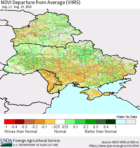 Ukraine, Moldova and Belarus NDVI Departure from Average (VIIRS) Thematic Map For 8/11/2020 - 8/20/2020