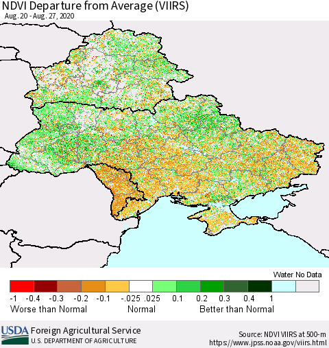 Ukraine, Moldova and Belarus NDVI Departure from Average (VIIRS) Thematic Map For 8/21/2020 - 8/31/2020