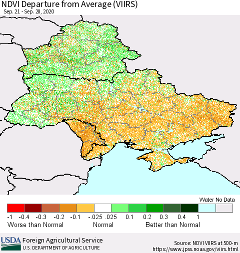 Ukraine, Moldova and Belarus NDVI Departure from Average (VIIRS) Thematic Map For 9/21/2020 - 9/30/2020