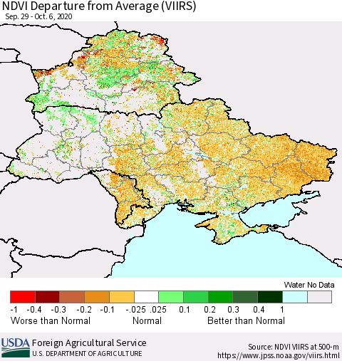 Ukraine, Moldova and Belarus NDVI Departure from Average (VIIRS) Thematic Map For 10/1/2020 - 10/10/2020