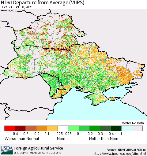 Ukraine, Moldova and Belarus NDVI Departure from Average (VIIRS) Thematic Map For 10/21/2020 - 10/31/2020