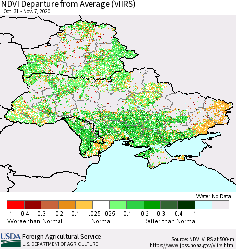 Ukraine, Moldova and Belarus NDVI Departure from Average (VIIRS) Thematic Map For 11/1/2020 - 11/10/2020