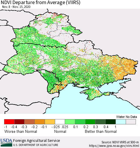 Ukraine, Moldova and Belarus NDVI Departure from Average (VIIRS) Thematic Map For 11/11/2020 - 11/20/2020