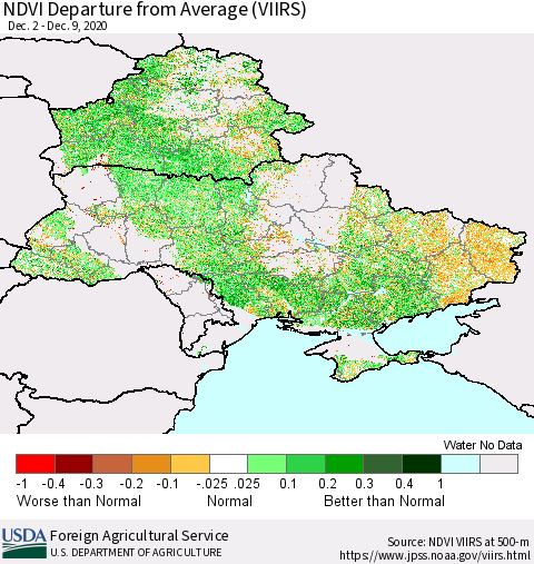 Ukraine, Moldova and Belarus NDVI Departure from Average (VIIRS) Thematic Map For 12/1/2020 - 12/10/2020