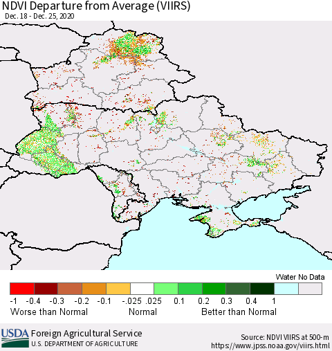 Ukraine, Moldova and Belarus NDVI Departure from Average (VIIRS) Thematic Map For 12/21/2020 - 12/31/2020
