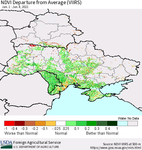 Ukraine, Moldova and Belarus NDVI Departure from Average (VIIRS) Thematic Map For 1/1/2021 - 1/10/2021