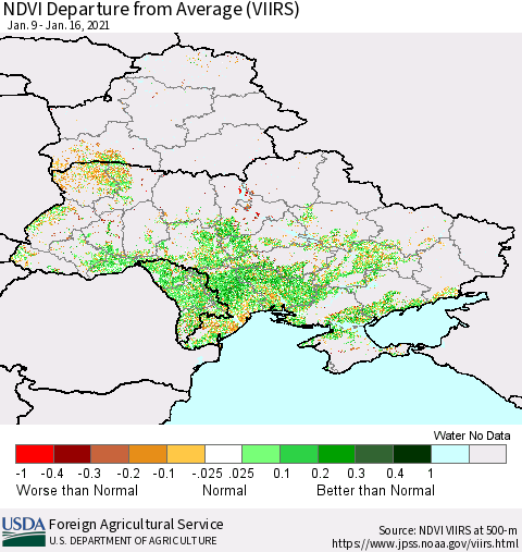 Ukraine, Moldova and Belarus NDVI Departure from Average (VIIRS) Thematic Map For 1/11/2021 - 1/20/2021