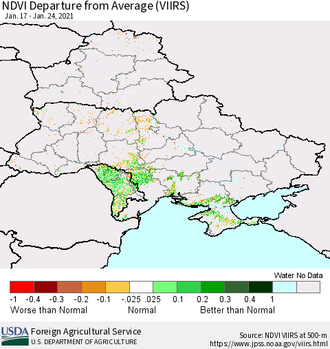 Ukraine, Moldova and Belarus NDVI Departure from Average (VIIRS) Thematic Map For 1/21/2021 - 1/31/2021