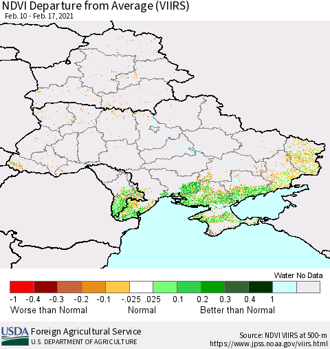 Ukraine, Moldova and Belarus NDVI Departure from Average (VIIRS) Thematic Map For 2/11/2021 - 2/20/2021