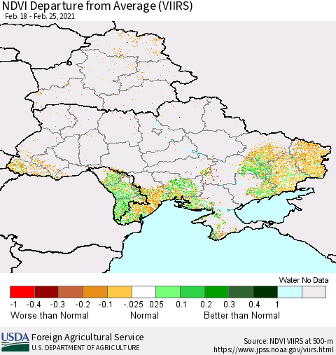Ukraine, Moldova and Belarus NDVI Departure from Average (VIIRS) Thematic Map For 2/21/2021 - 2/28/2021