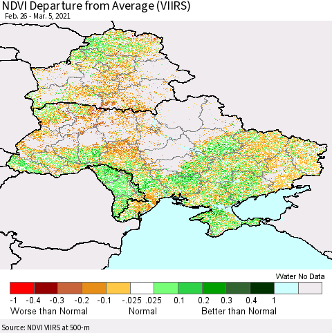 Ukraine, Moldova and Belarus NDVI Departure from Average (VIIRS) Thematic Map For 2/26/2021 - 3/5/2021