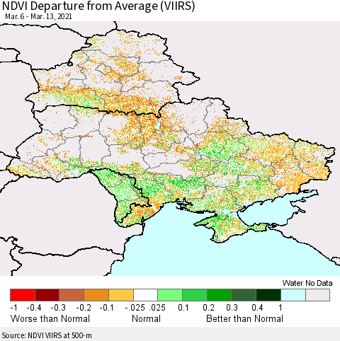 Ukraine, Moldova and Belarus NDVI Departure from Average (VIIRS) Thematic Map For 3/6/2021 - 3/13/2021