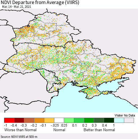 Ukraine, Moldova and Belarus NDVI Departure from Average (VIIRS) Thematic Map For 3/14/2021 - 3/21/2021