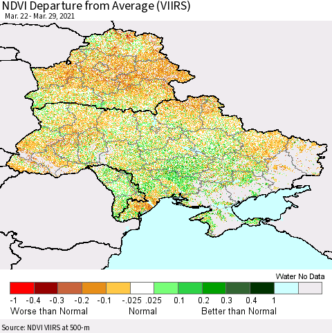 Ukraine, Moldova and Belarus NDVI Departure from Average (VIIRS) Thematic Map For 3/22/2021 - 3/29/2021