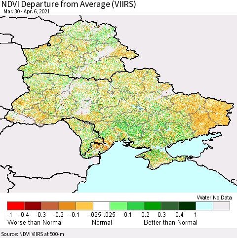 Ukraine, Moldova and Belarus NDVI Departure from Average (VIIRS) Thematic Map For 3/30/2021 - 4/6/2021
