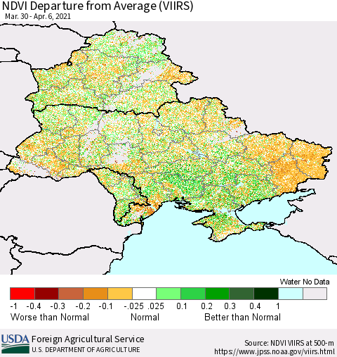 Ukraine, Moldova and Belarus NDVI Departure from Average (VIIRS) Thematic Map For 4/1/2021 - 4/10/2021