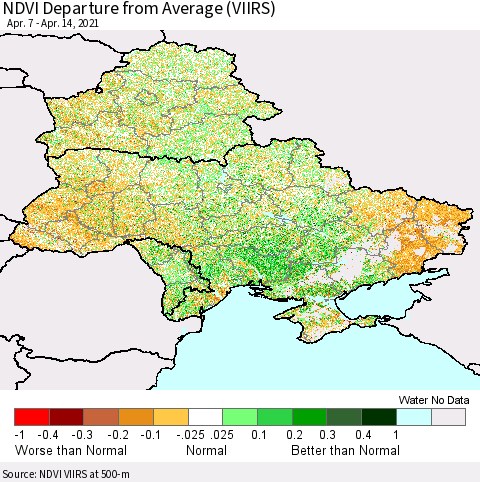 Ukraine, Moldova and Belarus NDVI Departure from Average (VIIRS) Thematic Map For 4/7/2021 - 4/14/2021
