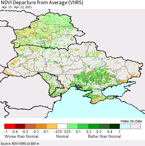 Ukraine, Moldova and Belarus NDVI Departure from Average (VIIRS) Thematic Map For 4/15/2021 - 4/22/2021