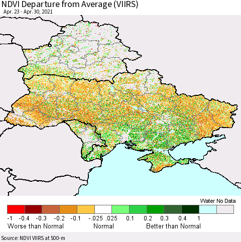 Ukraine, Moldova and Belarus NDVI Departure from Average (VIIRS) Thematic Map For 4/23/2021 - 4/30/2021
