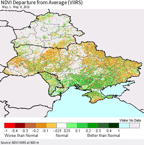 Ukraine, Moldova and Belarus NDVI Departure from Average (VIIRS) Thematic Map For 5/1/2021 - 5/8/2021