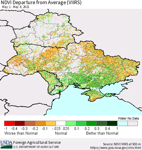 Ukraine, Moldova and Belarus NDVI Departure from Average (VIIRS) Thematic Map For 5/1/2021 - 5/10/2021