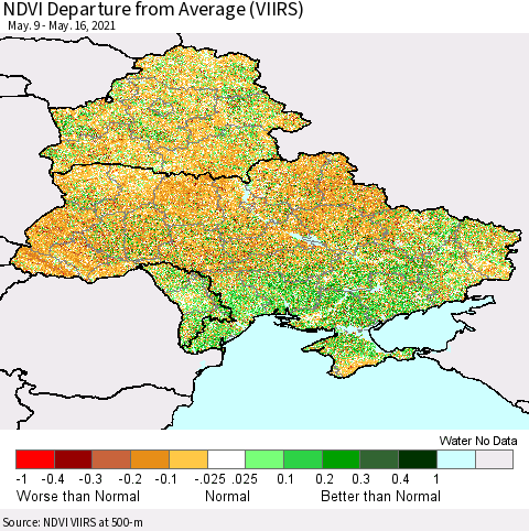 Ukraine, Moldova and Belarus NDVI Departure from Average (VIIRS) Thematic Map For 5/9/2021 - 5/16/2021