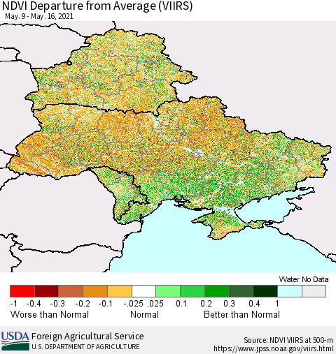 Ukraine, Moldova and Belarus NDVI Departure from Average (VIIRS) Thematic Map For 5/11/2021 - 5/20/2021