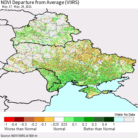 Ukraine, Moldova and Belarus NDVI Departure from Average (VIIRS) Thematic Map For 5/17/2021 - 5/24/2021