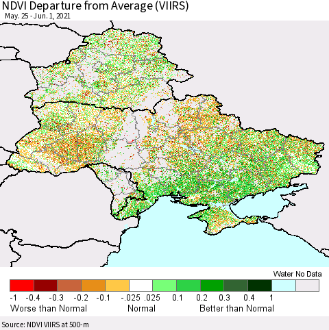 Ukraine, Moldova and Belarus NDVI Departure from Average (VIIRS) Thematic Map For 5/25/2021 - 6/1/2021