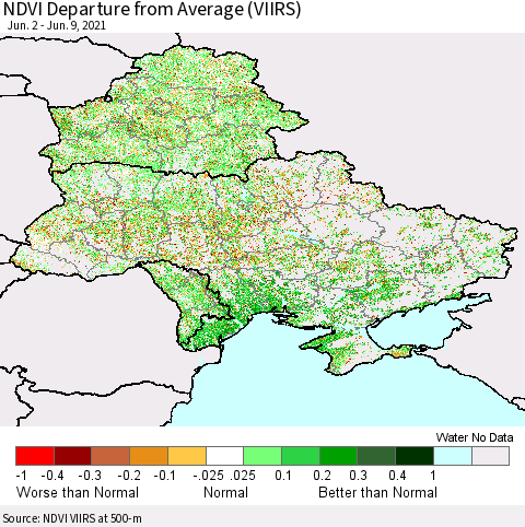 Ukraine, Moldova and Belarus NDVI Departure from Average (VIIRS) Thematic Map For 6/2/2021 - 6/9/2021