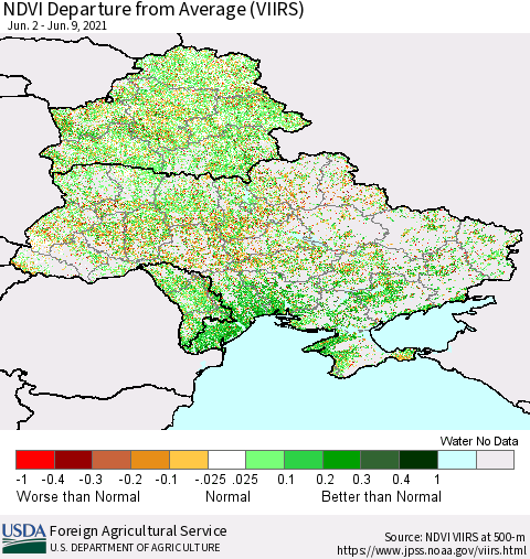 Ukraine, Moldova and Belarus NDVI Departure from Average (VIIRS) Thematic Map For 6/1/2021 - 6/10/2021
