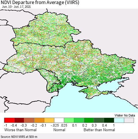 Ukraine, Moldova and Belarus NDVI Departure from Average (VIIRS) Thematic Map For 6/10/2021 - 6/17/2021