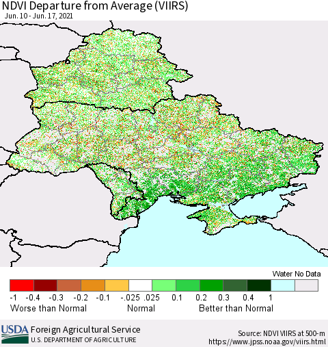 Ukraine, Moldova and Belarus NDVI Departure from Average (VIIRS) Thematic Map For 6/11/2021 - 6/20/2021