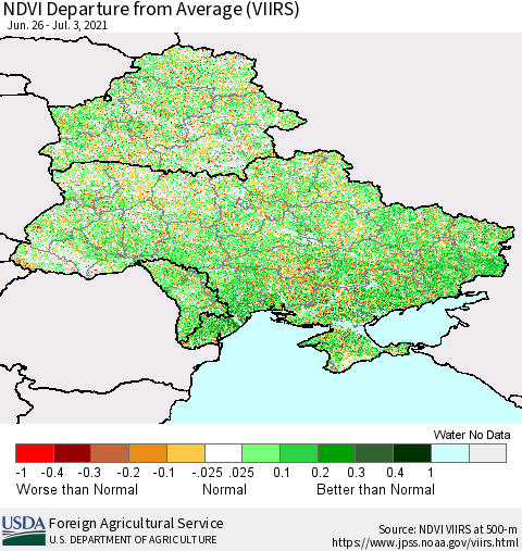Ukraine, Moldova and Belarus NDVI Departure from Average (VIIRS) Thematic Map For 7/1/2021 - 7/10/2021