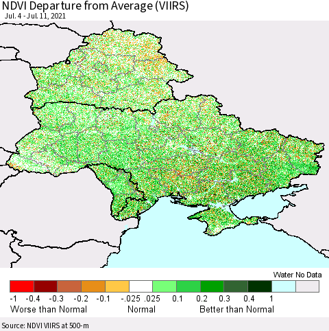 Ukraine, Moldova and Belarus NDVI Departure from Average (VIIRS) Thematic Map For 7/4/2021 - 7/11/2021