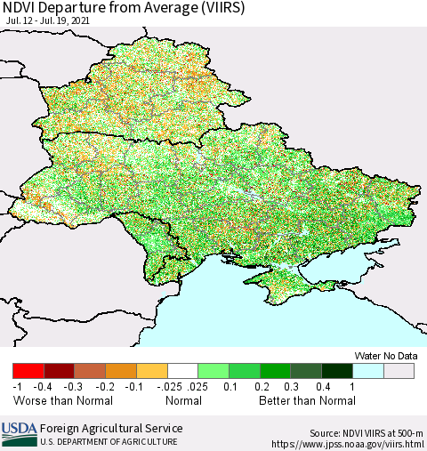 Ukraine, Moldova and Belarus NDVI Departure from Average (VIIRS) Thematic Map For 7/11/2021 - 7/20/2021