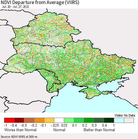 Ukraine, Moldova and Belarus NDVI Departure from Average (VIIRS) Thematic Map For 7/20/2021 - 7/27/2021