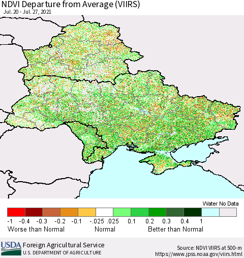 Ukraine, Moldova and Belarus NDVI Departure from Average (VIIRS) Thematic Map For 7/21/2021 - 7/31/2021