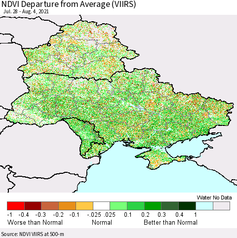 Ukraine, Moldova and Belarus NDVI Departure from Average (VIIRS) Thematic Map For 7/28/2021 - 8/4/2021