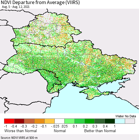 Ukraine, Moldova and Belarus NDVI Departure from Average (VIIRS) Thematic Map For 8/5/2021 - 8/12/2021