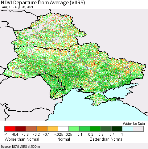 Ukraine, Moldova and Belarus NDVI Departure from Average (VIIRS) Thematic Map For 8/13/2021 - 8/20/2021