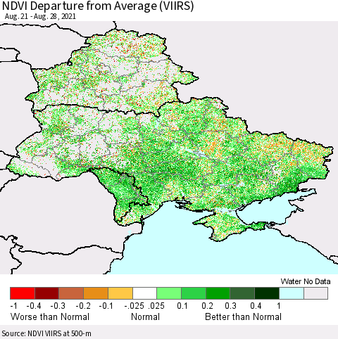 Ukraine, Moldova and Belarus NDVI Departure from Average (VIIRS) Thematic Map For 8/21/2021 - 8/28/2021